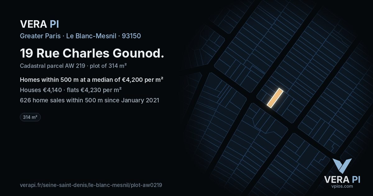 19 Rue Charles Gounod, Le Blanc-Mesnil at night – the plot lit, the parcels around coloured by the prices near them
