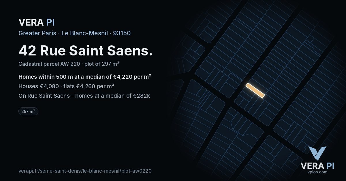 42 Rue Saint Saens, Le Blanc-Mesnil at night – the plot lit, the parcels around coloured by the prices near them