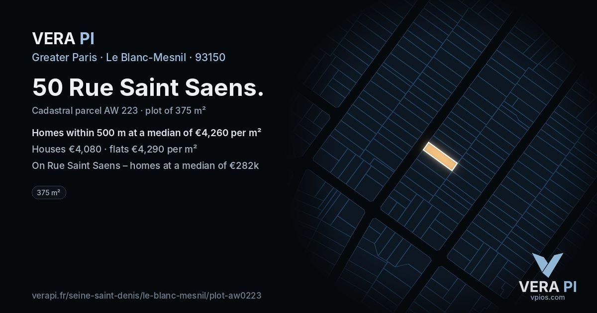 50 Rue Saint Saens, Le Blanc-Mesnil at night – the plot lit, the parcels around coloured by the prices near them