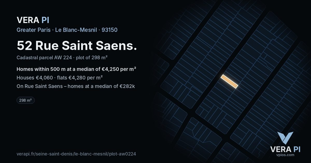 52 Rue Saint Saens, Le Blanc-Mesnil at night – the plot lit, the parcels around coloured by the prices near them