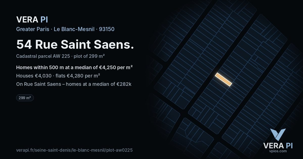54 Rue Saint Saens, Le Blanc-Mesnil at night – the plot lit, the parcels around coloured by the prices near them