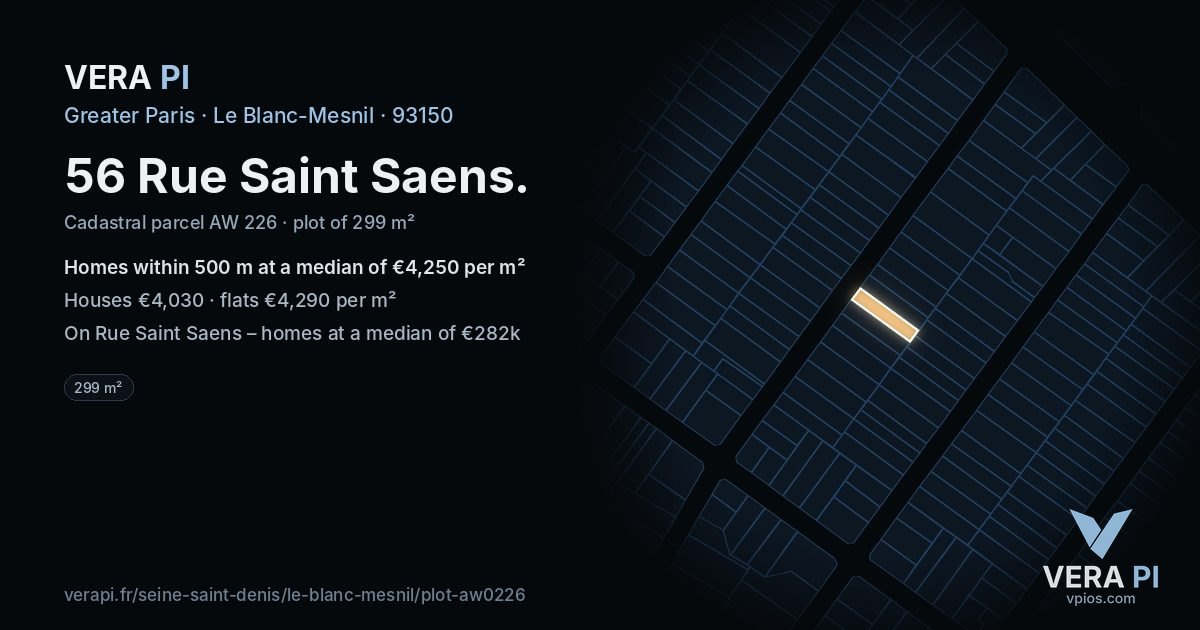 56 Rue Saint Saens, Le Blanc-Mesnil at night – the plot lit, the parcels around coloured by the prices near them