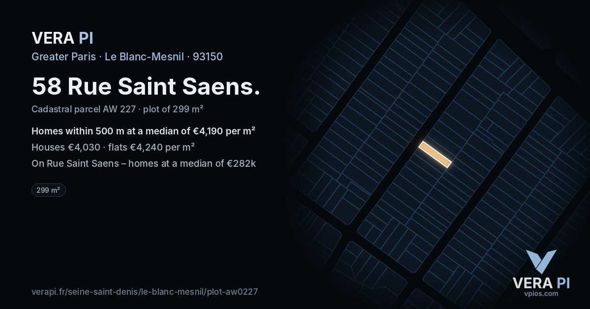 58 Rue Saint Saens, Le Blanc-Mesnil at night – the plot lit, the parcels around coloured by the prices near them