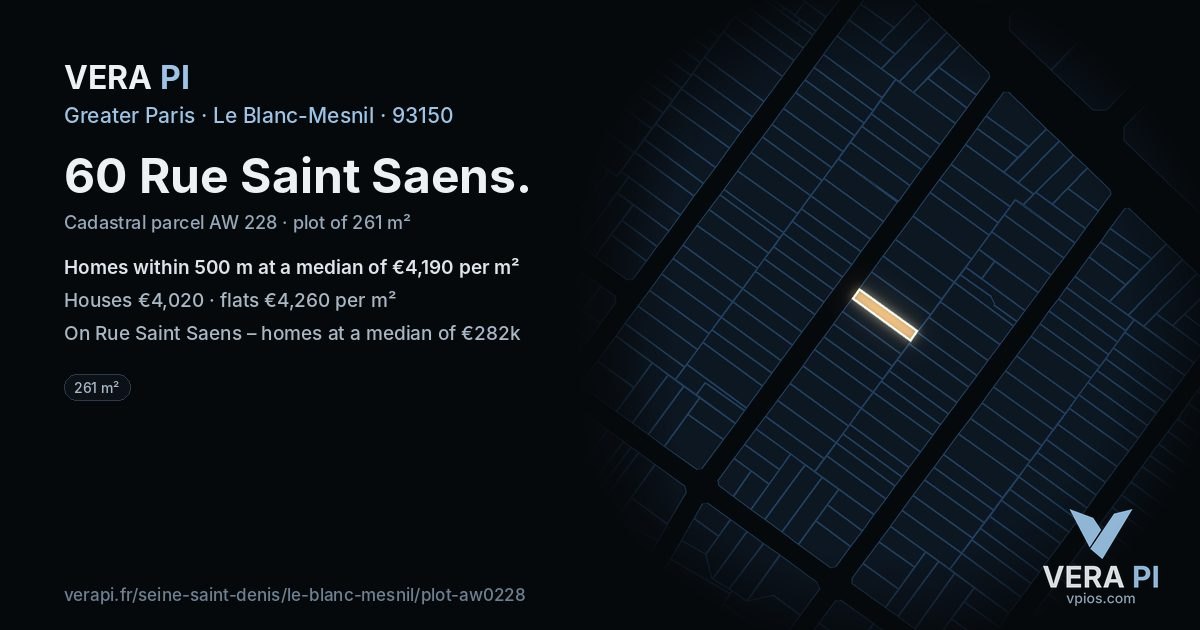 60 Rue Saint Saens, Le Blanc-Mesnil at night – the plot lit, the parcels around coloured by the prices near them