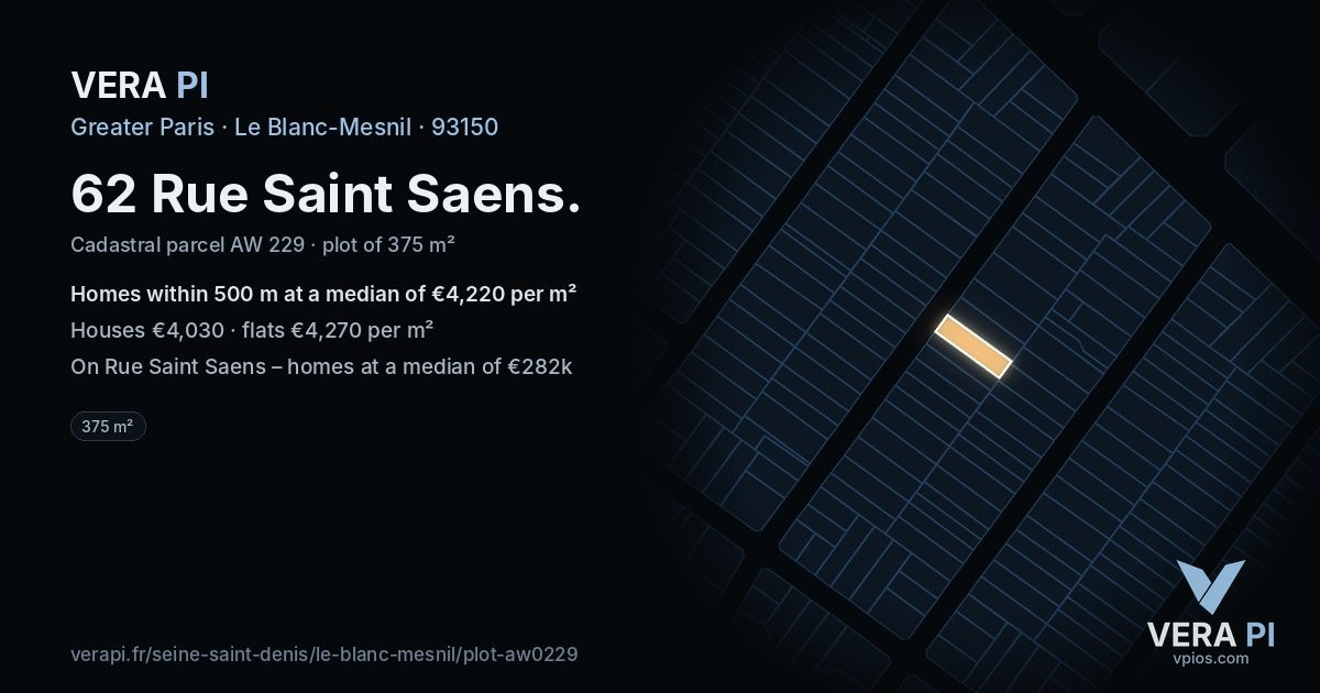 62 Rue Saint Saens, Le Blanc-Mesnil at night – the plot lit, the parcels around coloured by the prices near them