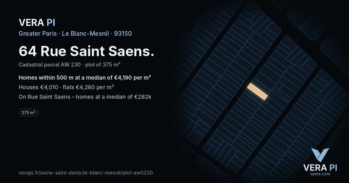 64 Rue Saint Saens, Le Blanc-Mesnil at night – the plot lit, the parcels around coloured by the prices near them
