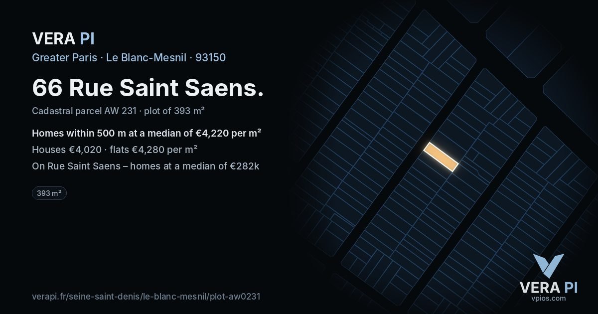 66 Rue Saint Saens, Le Blanc-Mesnil at night – the plot lit, the parcels around coloured by the prices near them