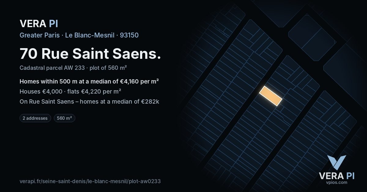 70 Rue Saint Saens, Le Blanc-Mesnil at night – the plot lit, the parcels around coloured by the prices near them