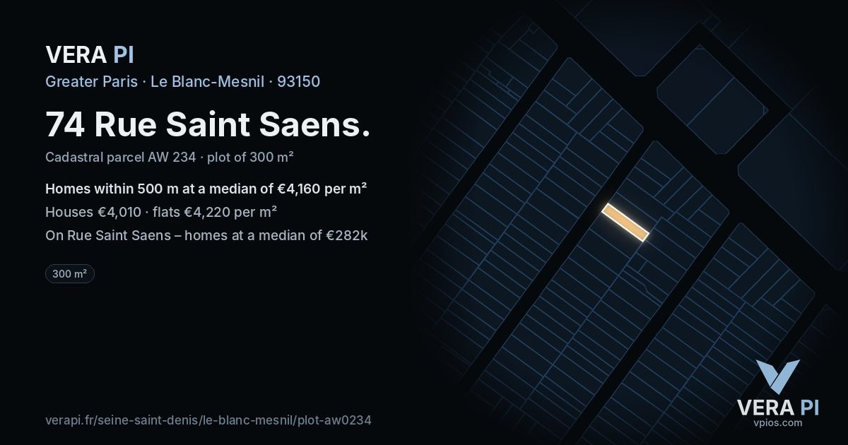 74 Rue Saint Saens, Le Blanc-Mesnil at night – the plot lit, the parcels around coloured by the prices near them