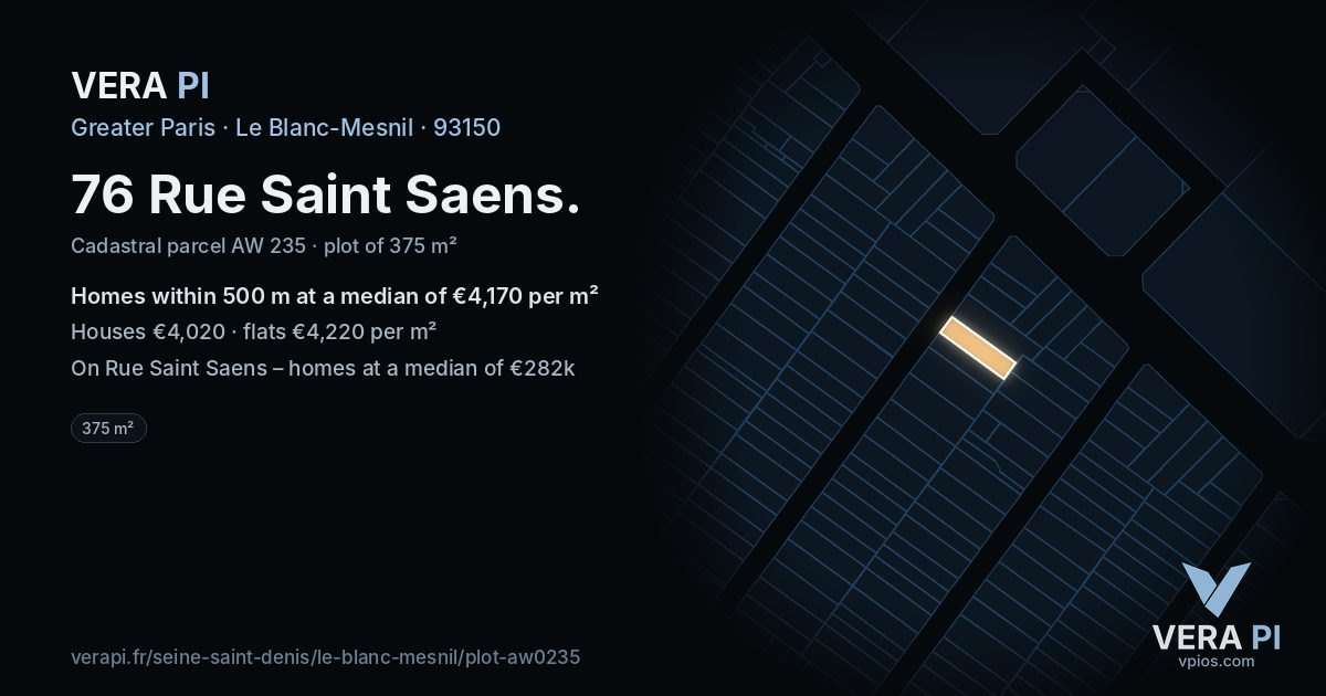 76 Rue Saint Saens, Le Blanc-Mesnil at night – the plot lit, the parcels around coloured by the prices near them