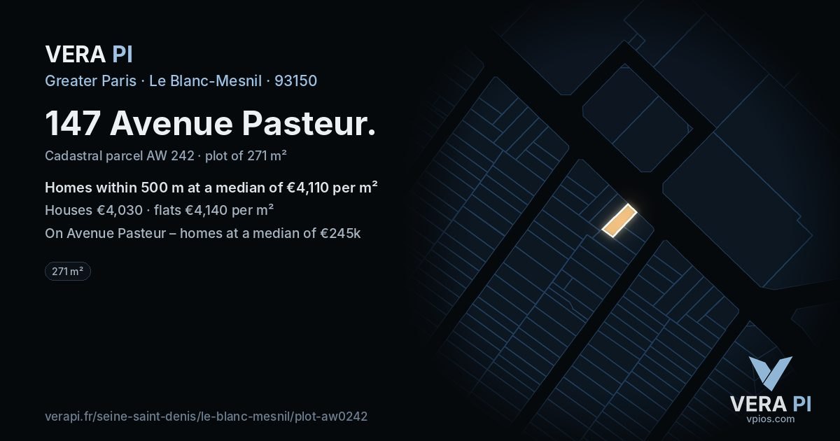 147 Avenue Pasteur, Le Blanc-Mesnil at night – the plot lit, the parcels around coloured by the prices near them