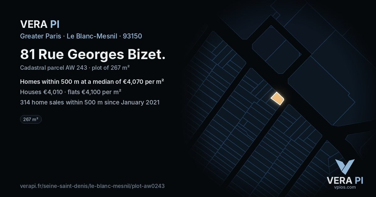 81 Rue Georges Bizet, Le Blanc-Mesnil at night – the plot lit, the parcels around coloured by the prices near them