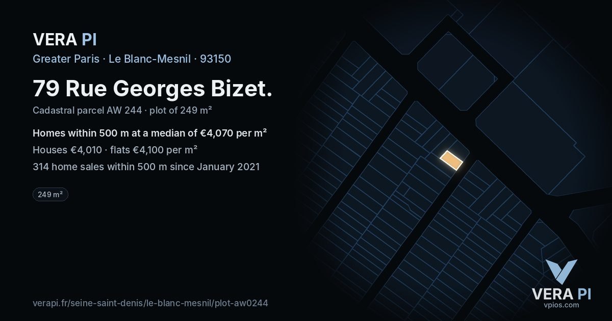 79 Rue Georges Bizet, Le Blanc-Mesnil at night – the plot lit, the parcels around coloured by the prices near them