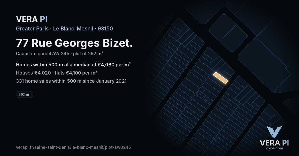 77 Rue Georges Bizet, Le Blanc-Mesnil at night – the plot lit, the parcels around coloured by the prices near them
