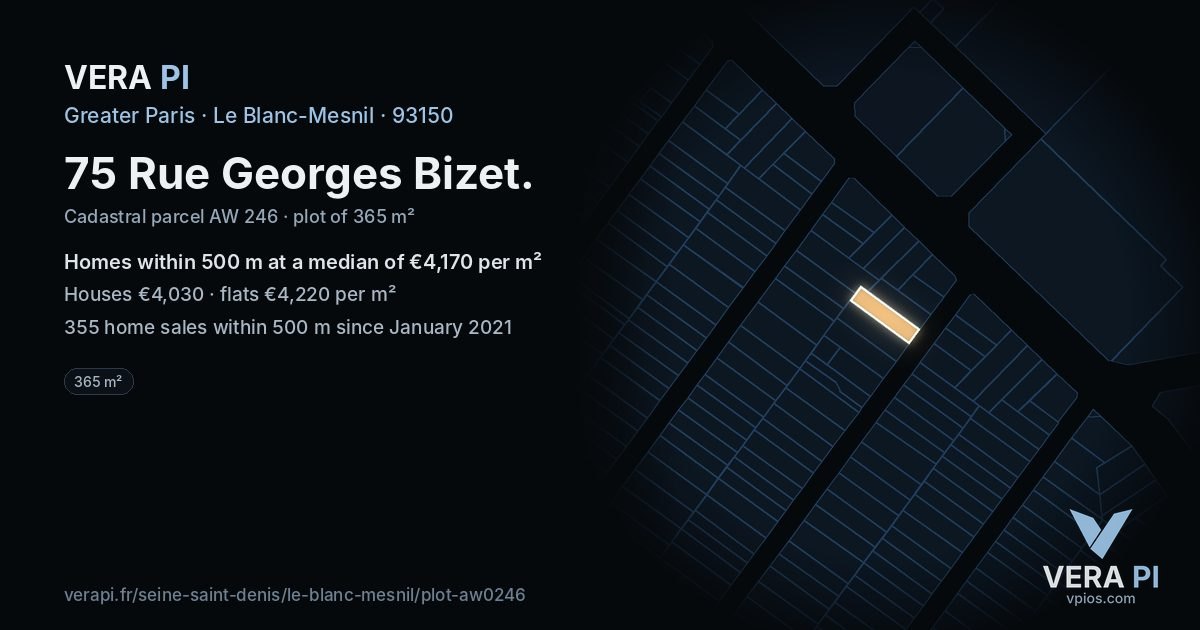 75 Rue Georges Bizet, Le Blanc-Mesnil at night – the plot lit, the parcels around coloured by the prices near them