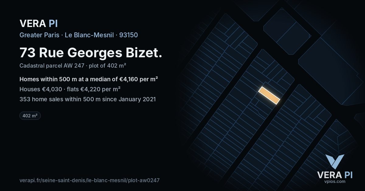 73 Rue Georges Bizet, Le Blanc-Mesnil at night – the plot lit, the parcels around coloured by the prices near them
