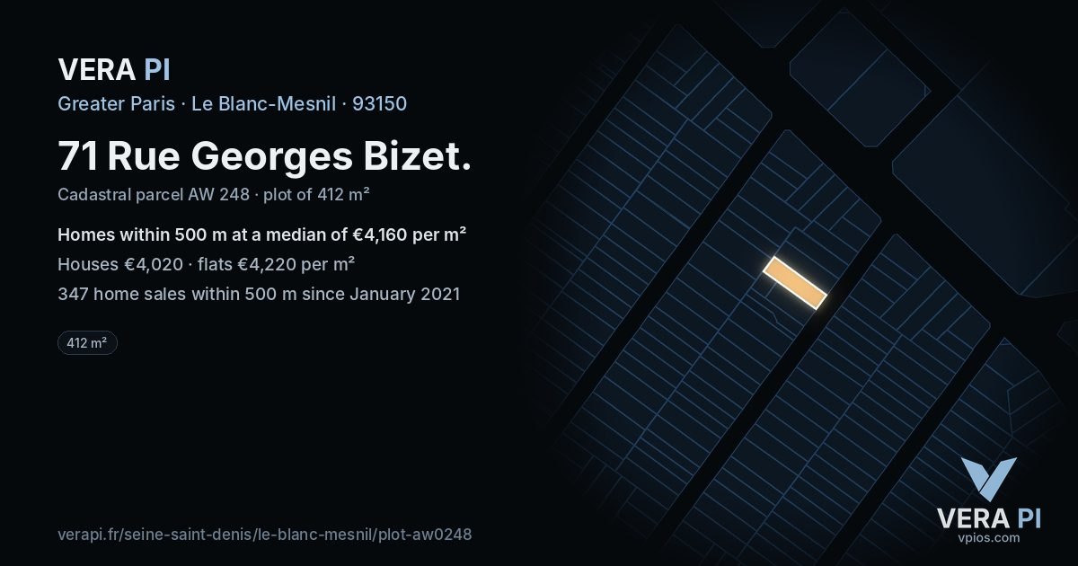 71 Rue Georges Bizet, Le Blanc-Mesnil at night – the plot lit, the parcels around coloured by the prices near them