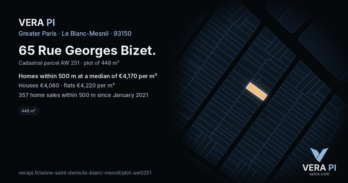 65 Rue Georges Bizet, Le Blanc-Mesnil at night – the plot lit, the parcels around coloured by the prices near them