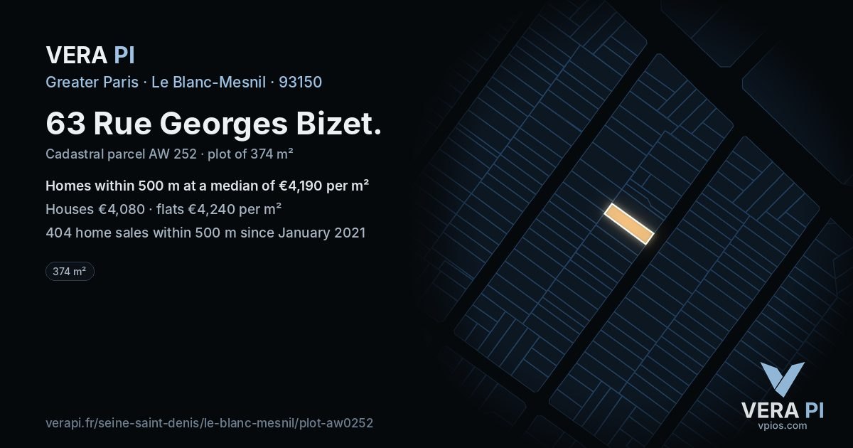 63 Rue Georges Bizet, Le Blanc-Mesnil at night – the plot lit, the parcels around coloured by the prices near them