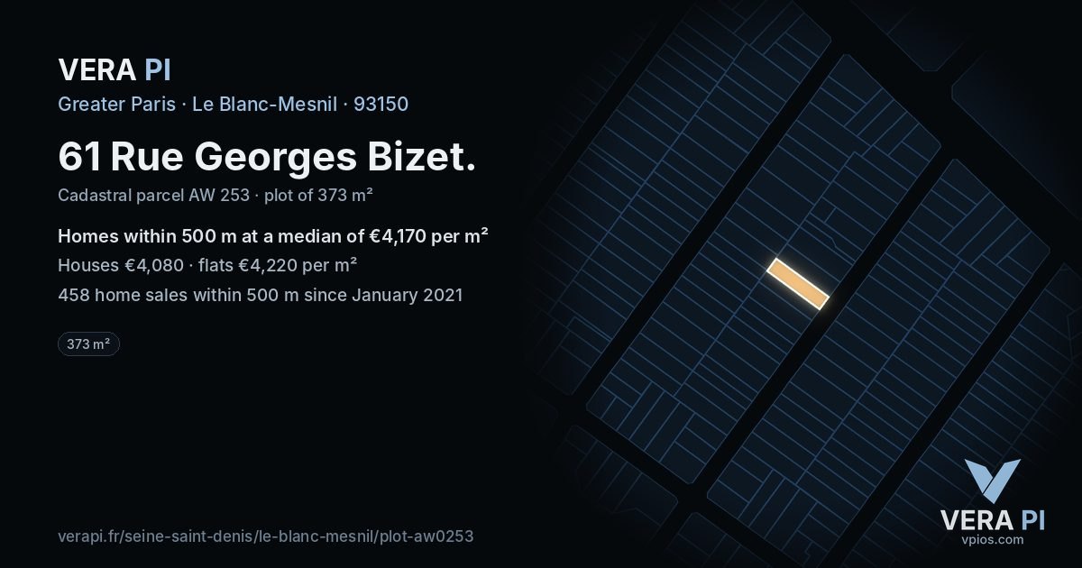 61 Rue Georges Bizet, Le Blanc-Mesnil at night – the plot lit, the parcels around coloured by the prices near them