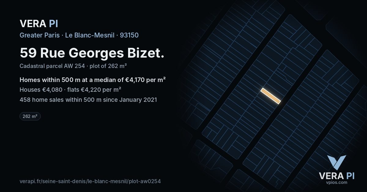 59 Rue Georges Bizet, Le Blanc-Mesnil at night – the plot lit, the parcels around coloured by the prices near them