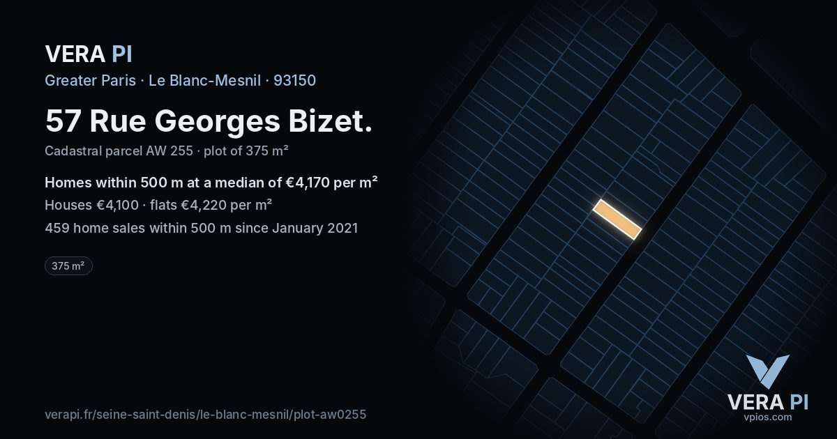 57 Rue Georges Bizet, Le Blanc-Mesnil at night – the plot lit, the parcels around coloured by the prices near them