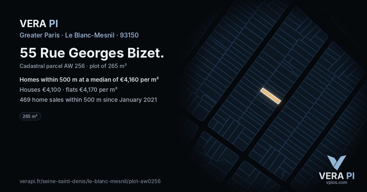 55 Rue Georges Bizet, Le Blanc-Mesnil at night – the plot lit, the parcels around coloured by the prices near them