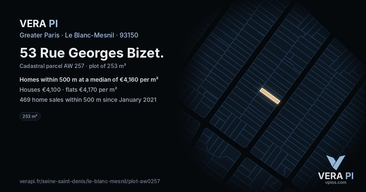 53 Rue Georges Bizet, Le Blanc-Mesnil at night – the plot lit, the parcels around coloured by the prices near them