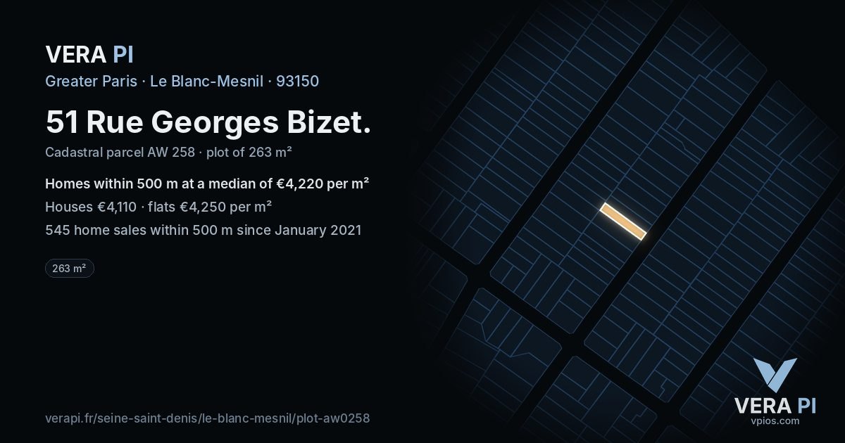 51 Rue Georges Bizet, Le Blanc-Mesnil at night – the plot lit, the parcels around coloured by the prices near them