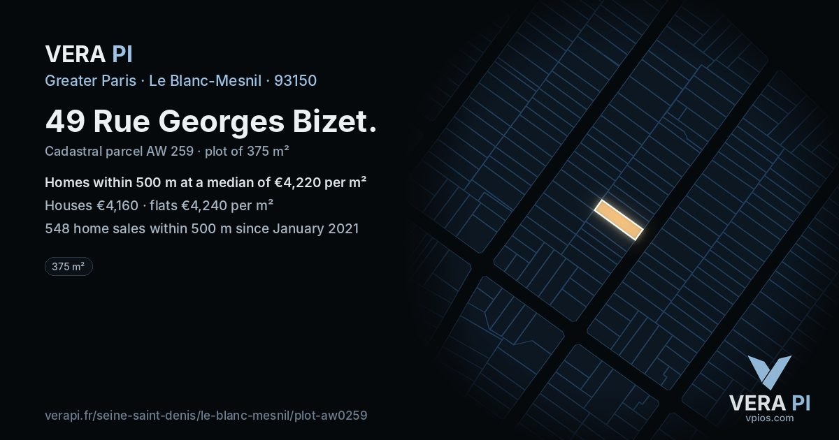 49 Rue Georges Bizet, Le Blanc-Mesnil at night – the plot lit, the parcels around coloured by the prices near them