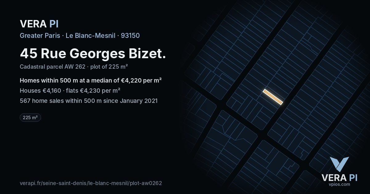 45 Rue Georges Bizet, Le Blanc-Mesnil at night – the plot lit, the parcels around coloured by the prices near them