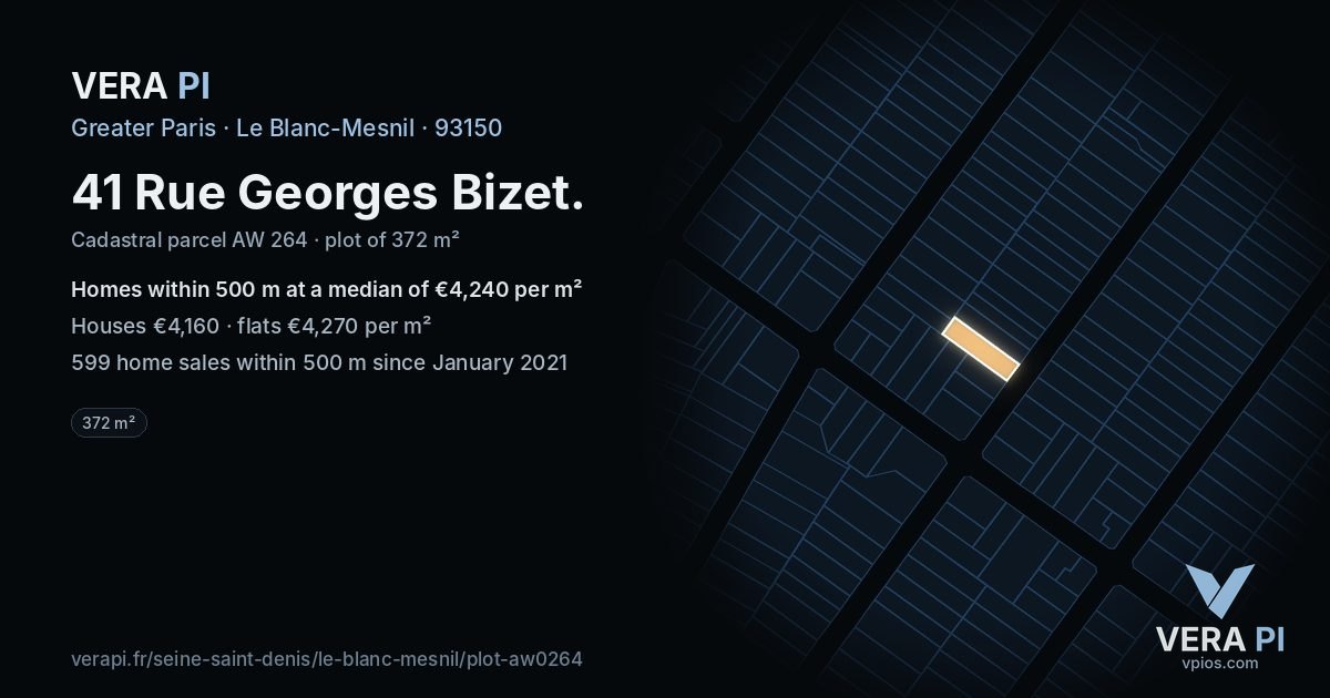41 Rue Georges Bizet, Le Blanc-Mesnil at night – the plot lit, the parcels around coloured by the prices near them