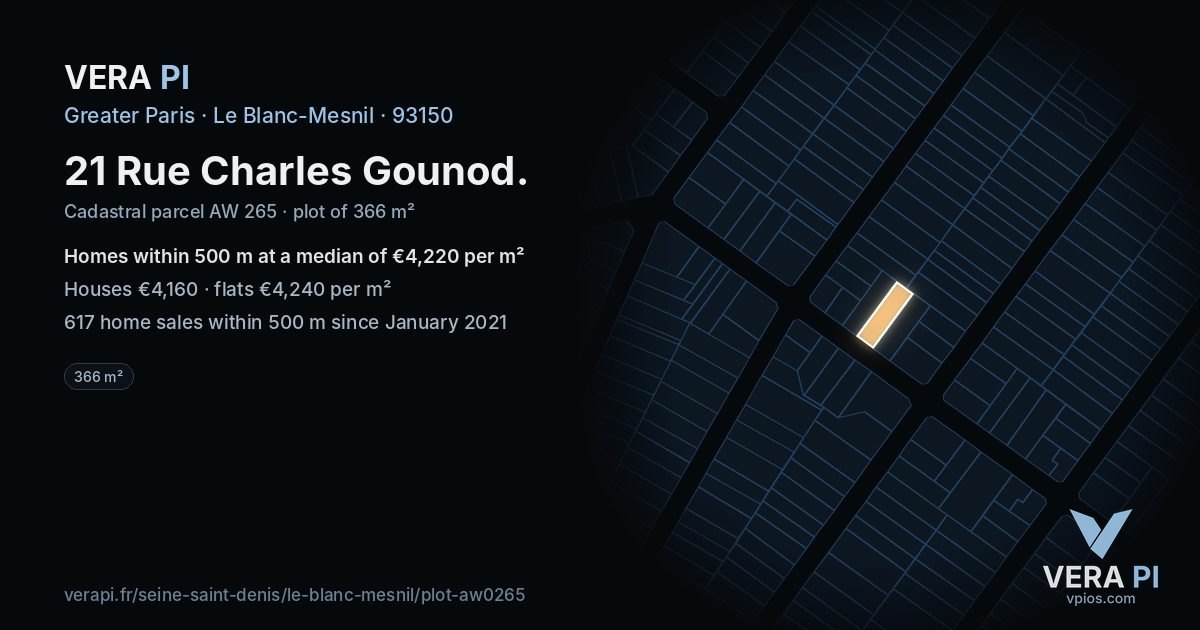 21 Rue Charles Gounod, Le Blanc-Mesnil at night – the plot lit, the parcels around coloured by the prices near them
