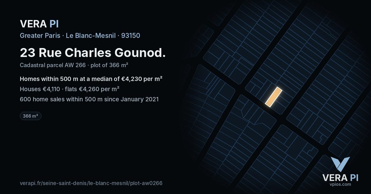 23 Rue Charles Gounod, Le Blanc-Mesnil at night – the plot lit, the parcels around coloured by the prices near them