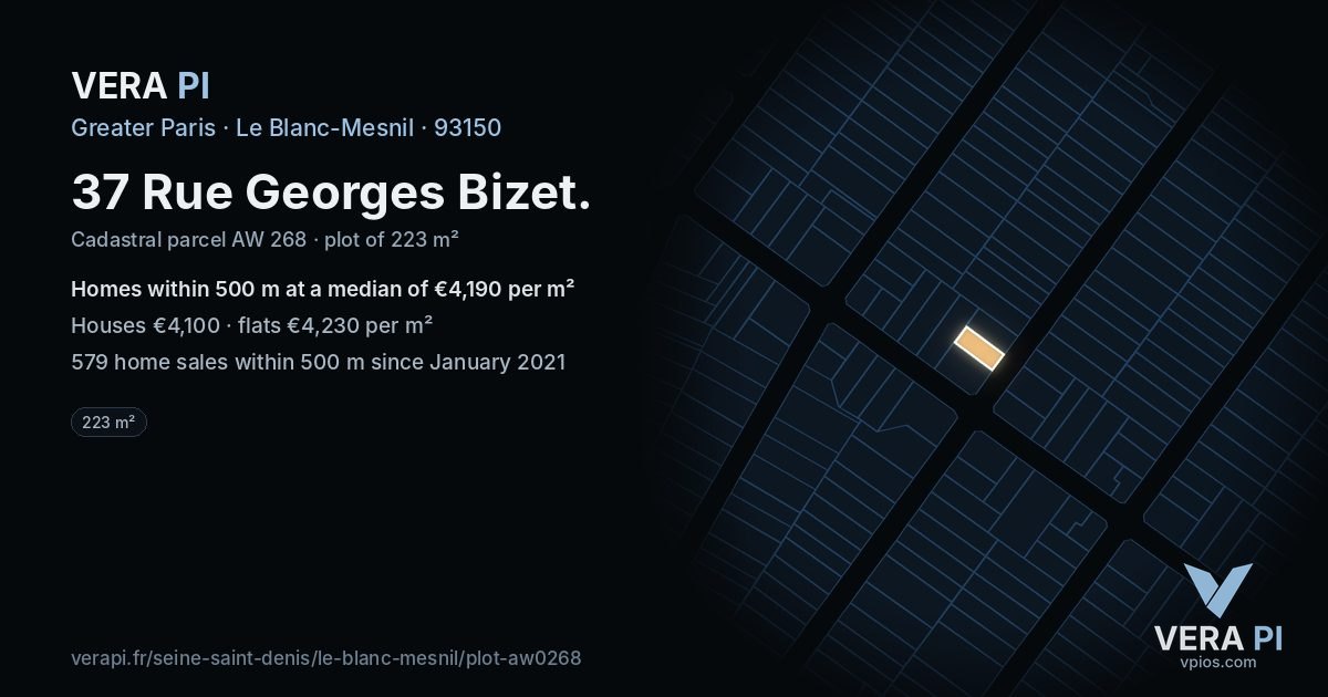 37 Rue Georges Bizet, Le Blanc-Mesnil at night – the plot lit, the parcels around coloured by the prices near them