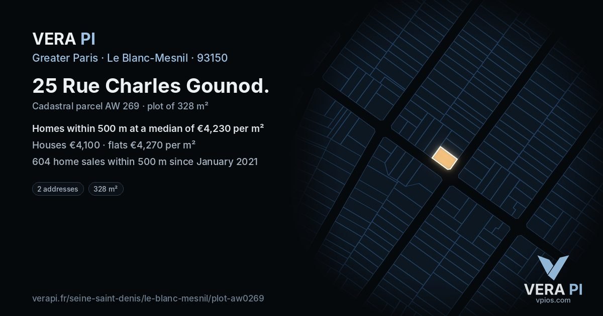 25 Rue Charles Gounod, Le Blanc-Mesnil at night – the plot lit, the parcels around coloured by the prices near them
