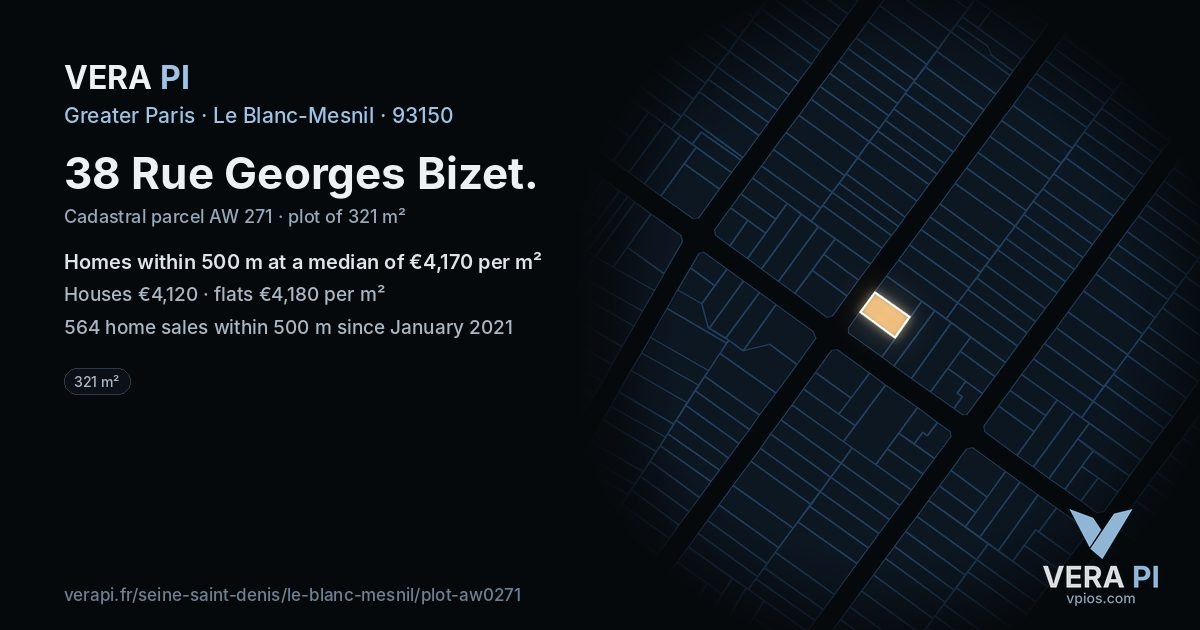 38 Rue Georges Bizet, Le Blanc-Mesnil at night – the plot lit, the parcels around coloured by the prices near them