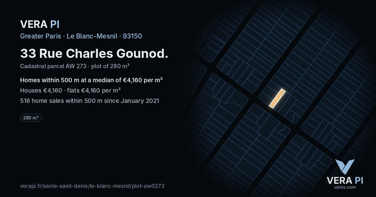 33 Rue Charles Gounod, Le Blanc-Mesnil at night – the plot lit, the parcels around coloured by the prices near them