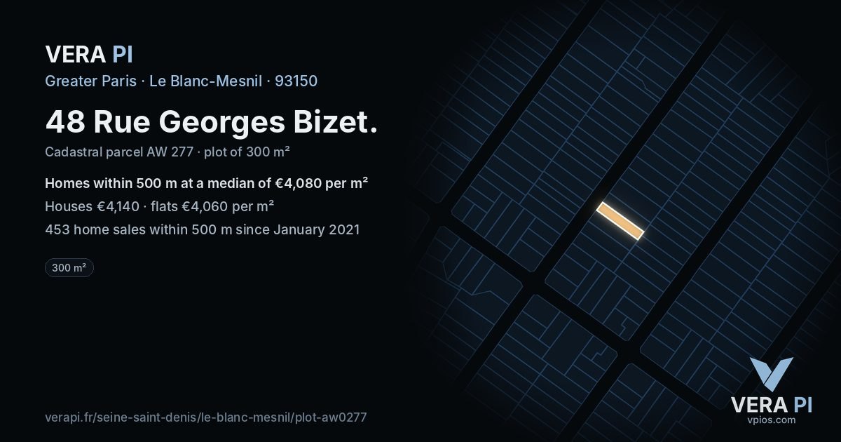 48 Rue Georges Bizet, Le Blanc-Mesnil at night – the plot lit, the parcels around coloured by the prices near them
