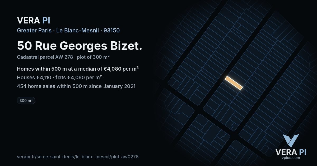 50 Rue Georges Bizet, Le Blanc-Mesnil at night – the plot lit, the parcels around coloured by the prices near them