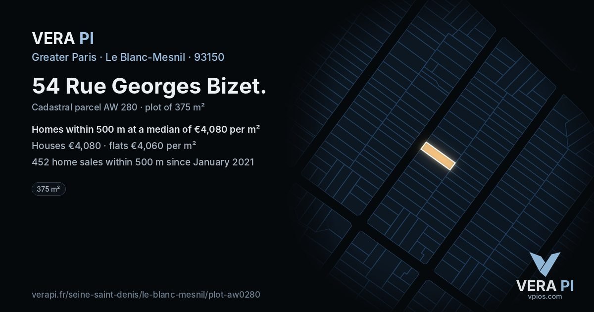 54 Rue Georges Bizet, Le Blanc-Mesnil at night – the plot lit, the parcels around coloured by the prices near them
