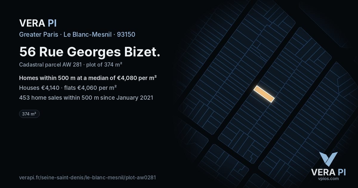 56 Rue Georges Bizet, Le Blanc-Mesnil at night – the plot lit, the parcels around coloured by the prices near them