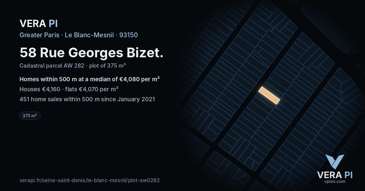 58 Rue Georges Bizet, Le Blanc-Mesnil at night – the plot lit, the parcels around coloured by the prices near them
