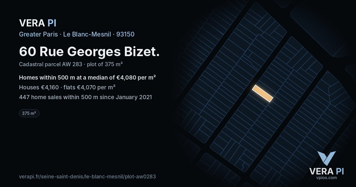 60 Rue Georges Bizet, Le Blanc-Mesnil at night – the plot lit, the parcels around coloured by the prices near them