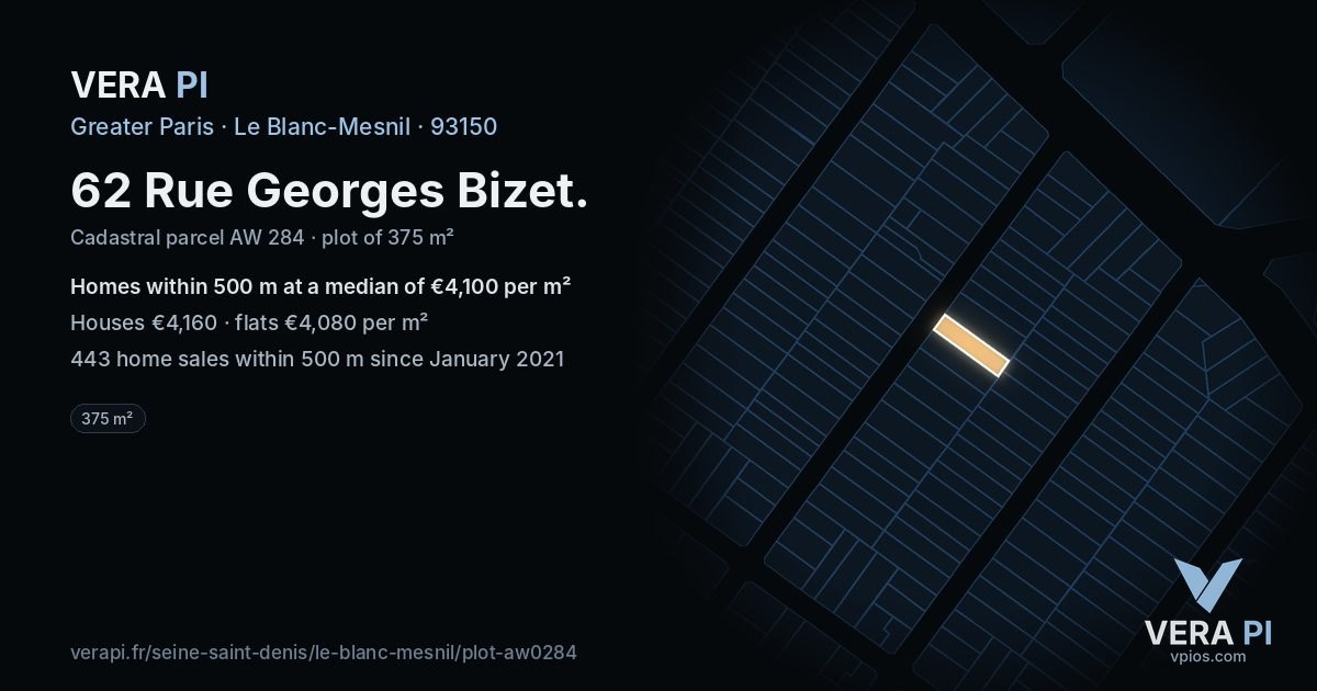 62 Rue Georges Bizet, Le Blanc-Mesnil at night – the plot lit, the parcels around coloured by the prices near them