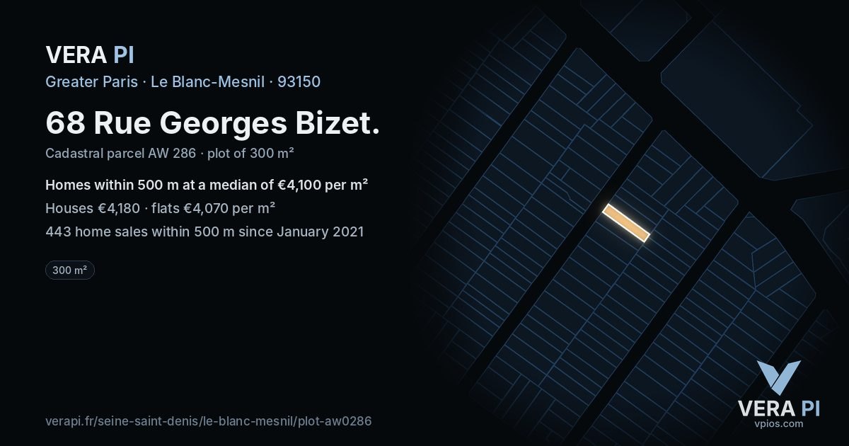 68 Rue Georges Bizet, Le Blanc-Mesnil at night – the plot lit, the parcels around coloured by the prices near them