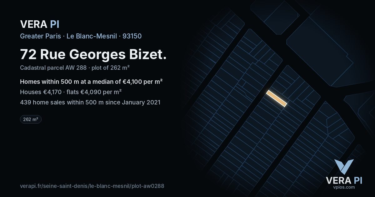 72 Rue Georges Bizet, Le Blanc-Mesnil at night – the plot lit, the parcels around coloured by the prices near them
