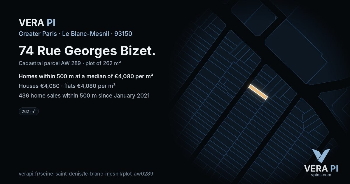 74 Rue Georges Bizet, Le Blanc-Mesnil at night – the plot lit, the parcels around coloured by the prices near them