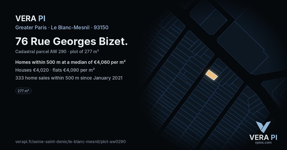 76 Rue Georges Bizet, Le Blanc-Mesnil at night – the plot lit, the parcels around coloured by the prices near them