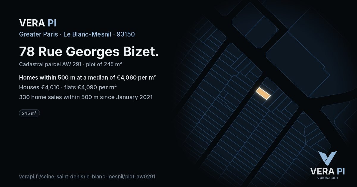 78 Rue Georges Bizet, Le Blanc-Mesnil at night – the plot lit, the parcels around coloured by the prices near them